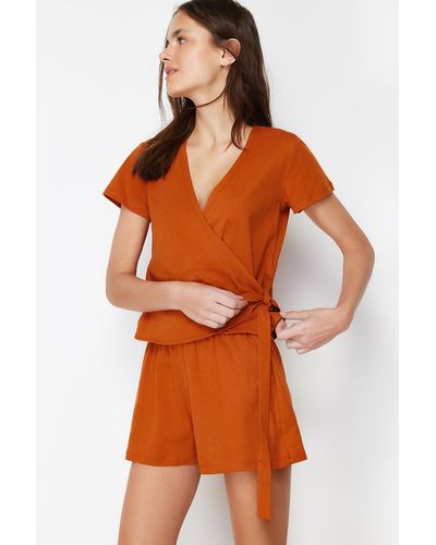 Trendyol Zimtfarbenes, detailliertes strickpyjama-set aus 100 % baumwolle mit schnürung - Orange