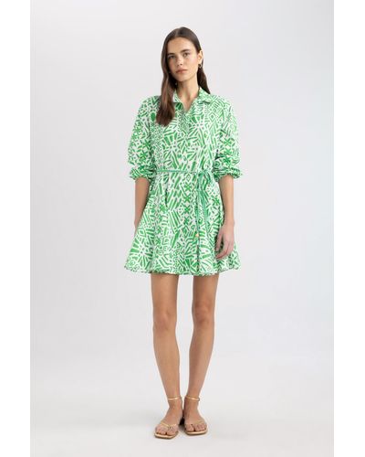 Defacto Bedrucktes minikleid aus frottee-baumwolle mit hemdkragen und langen ärmeln - Grün