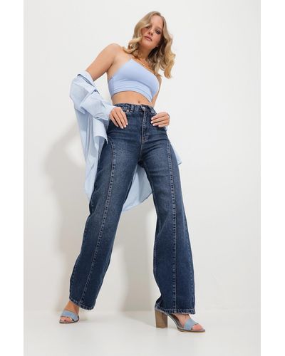 Trend Alaçatı Stili Dunkele jeanshose mit hoher taille und weitem bein mit five-pocket-nähten alc-x11699 - Blau