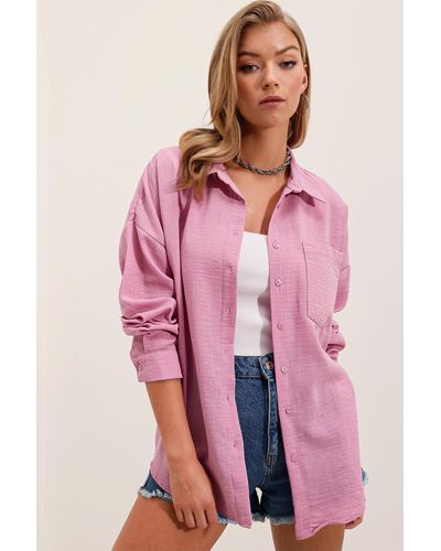 Bigdart 20153 oversize-leinenhemd mit einer tasche – puder - Pink
