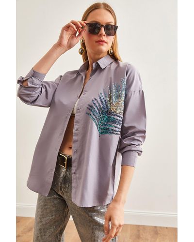 Olalook Es oversize-popeline-hemd mit palmendetail - Grau