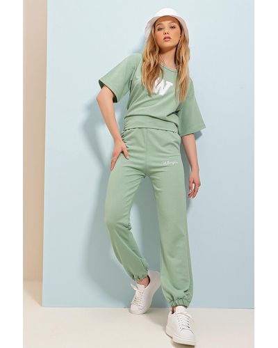 Trend Alaçatı Stili Mintgrünes trainingsanzug-set mit aufdruck
