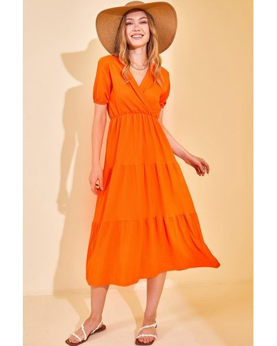 XHAN Farbenes, zweireihiges, strukturiertes kleid mit kragen -11 - l - Orange