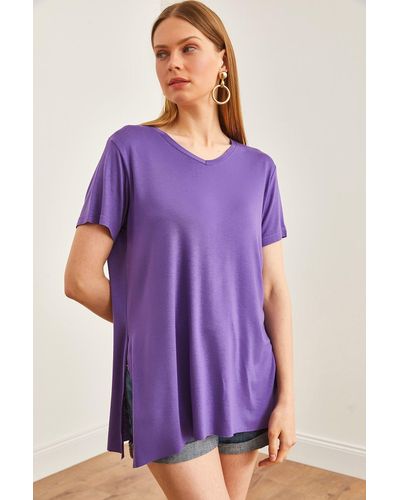 Olalook Farbenes lässiges t-shirt mit v-ausschnitt und schlitz - Lila