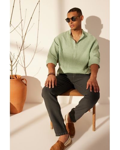Trendyol Mintes hemd aus 100 % leinen mit normalem stehkragen und halber knopfleiste, limited edition - Natur