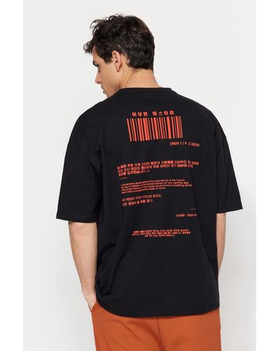 Trendyol Es, übergroßes/weit geschnittenes, kurzärmliges, mit fernost bedrucktes t-shirt aus 100 % baumwolle - xl - Schwarz