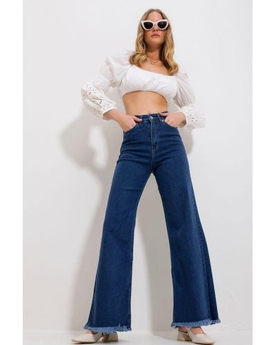 Trend Alaçatı Stili E palazzo-jeanshose aus lycra mit fünf taschen und quasten alc-x11756 - Blau