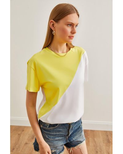 Olalook Weißes asymmetrisches block-t-shirt - Gelb
