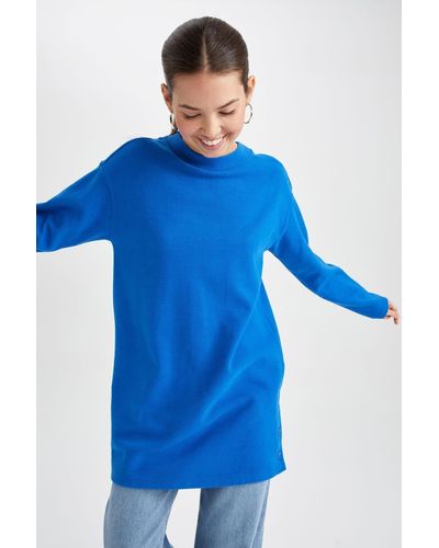 Defacto Langärmlige tunika aus selanik-stoff mit normaler passform und rundhalsausschnitt - Blau