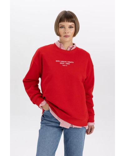 Defacto Dickes sweatshirt mit rundhalsausschnitt und entspannter passform - Rot