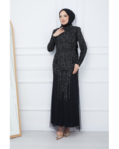 Olcay Mit perlen und juwelen besetztes tüll-hijab-abendkleid - Schwarz