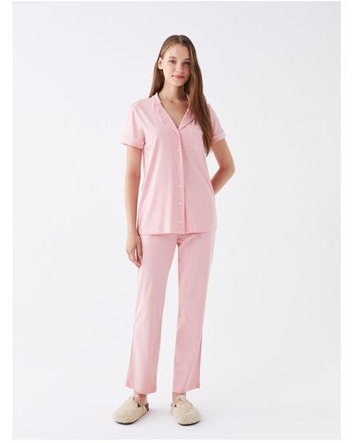 LC Waikiki Einfarbiges, kurzärmliges pyjama-set mit hemdkragen - Pink