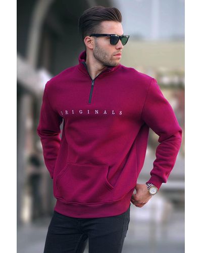 Madmext Burgunderrotes sweatshirt mit besticktem reißverschlusskragen 6028 - Pink
