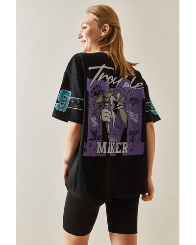 XHAN Es, bedrucktes oversize-t-shirt mit rundhalsausschnitt hinten -02 - Blau