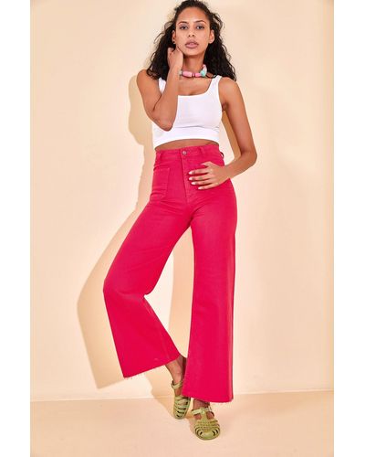 XHAN Jeans mit hoher taille und tasche in fuchsia, -07 - Pink