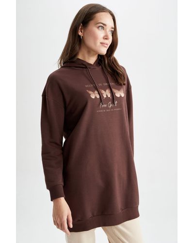 Defacto Oversize-fit-sweatshirt-tunika mit rundhalsausschnitt und slogan-print - Braun