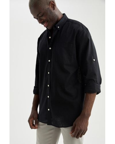 Defacto Langärmliges hemd aus leinenmischung mit moderner passform - Schwarz