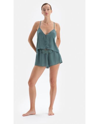 Dagi E shorts mit schlitz und detaillierter spitze, pyjamahose - Blau