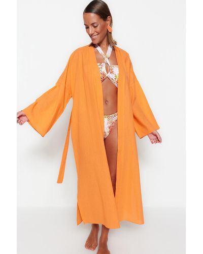 Trendyol Farbener maxi-kimono und kaftan aus webstoff mit gürtel - Orange