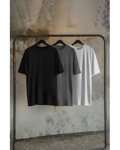 Trendyol Schwarz-anthrazit-ecru oversize-3er-pack basic-t-shirts aus 100 % baumwolle - Grau