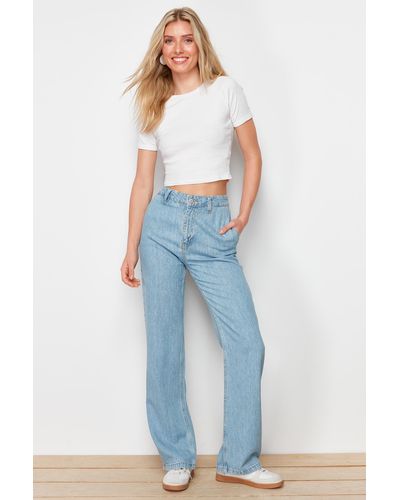 Trendyol E jeans mit hoher taille und weitem bein aus 100 % TM und taschendetail - Blau