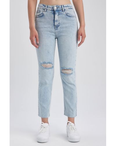 Defacto Lange jeanshose mary vintage mit gerader passform und hoher taille, zerrissenen, detaillierten ausschnitten am bein - Blau