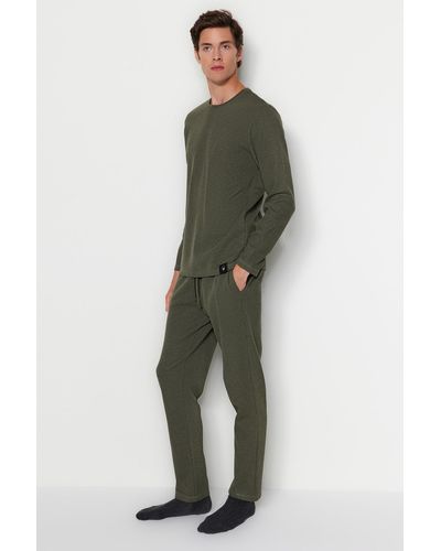 Trendyol Farbenes regular-fit-pyjama-set mit waffelstrickmuster - Grün