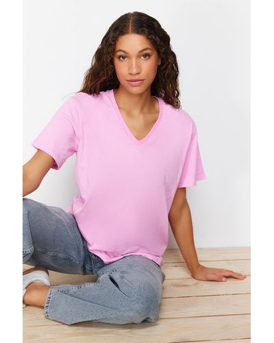 Trendyol , 100 % baumwolle, oversize/weite passform, v-ausschnitt, strick-t-shirt - Pink