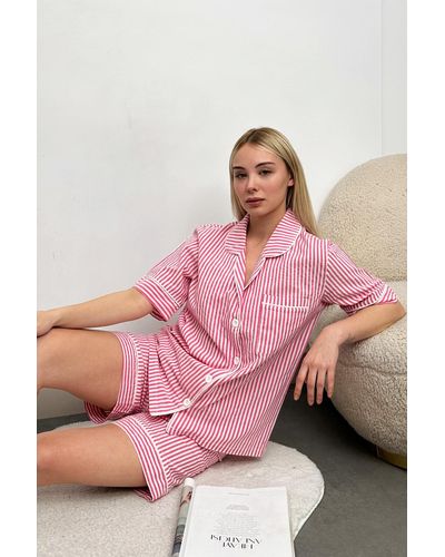 Trend Alaçatı Stili Gestreiftes pyjama-set mit shorts alc-x11660 - Pink