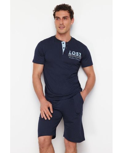 Trendyol Marineblaues pyjama-set mit geknöpftem kragen und normaler passform und strickshorts