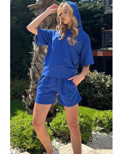 Trend Alaçatı Stili Saks kapuzenpullover und shorts zweifaden-set - Blau