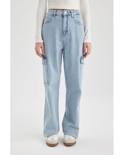 Defacto Cargo-jeans mit weitem bein und hoher taille, lange jeans mit weitem bein b8248ax24sp - Blau