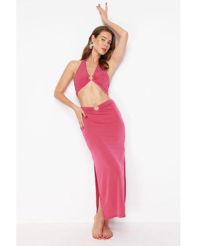 Trendyol , figurbetontes strick-accessoire-set mit bluse und rock - Pink