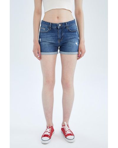 Defacto Wanna zerrissene detaillierte jeans-minishorts mit gefaltetem bein - Blau