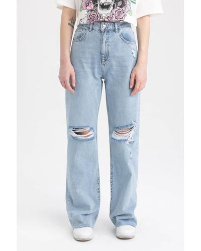 Defacto 90er-jahre-jeans mit weitem bein, zerrissenen, detaillierten cut-toe-jeans, lange hose aus 100 % baumwolle - Blau