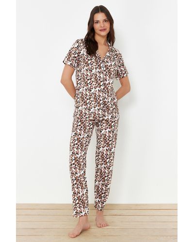 Trendyol Es pyjama-set aus baumwollstrick mit leopardenmuster - Braun
