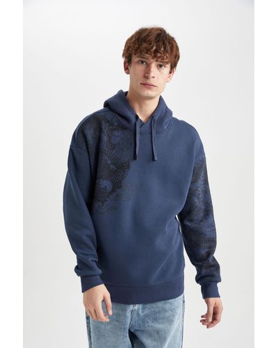 Defacto Bedrucktes sweatshirt mit kapuze in übergröße - Blau