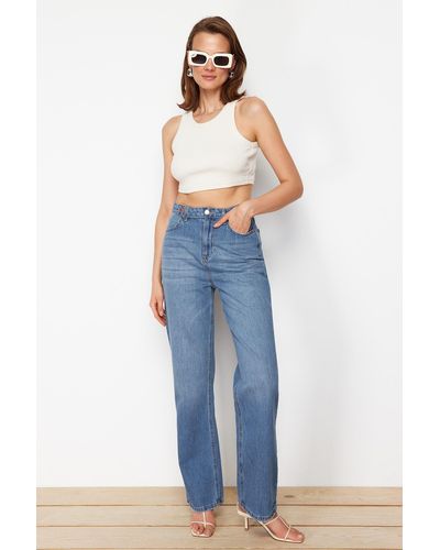 Trendyol E jeans mit hoher taille und weitem bein und detail - Blau