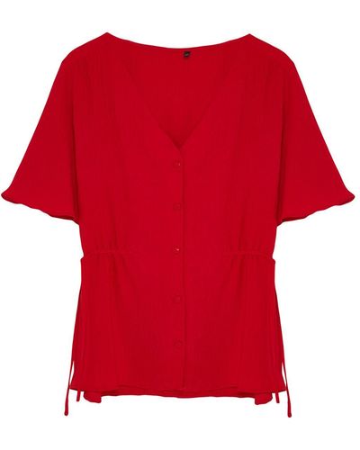 Trendyol E gewebte bluse mit v-ausschnitt und bindeband - Rot