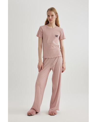 Defacto Fall in love – geripptes pyjama-set mit kurzen ärmeln und normaler passform b6179ax24sp - Mehrfarbig