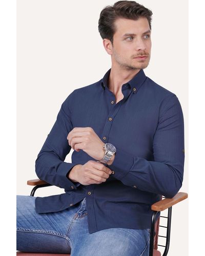 Etikmen Slimfit-hemd aus leinen mit indigo-kragen – in geschenkverpackung - Blau