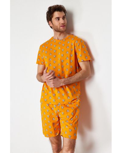 Trendyol Farbenes pyjama-set mit strickshorts und normaler passform und koala-aufdruck - Orange