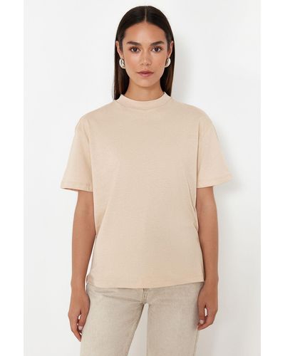 Trendyol Mehrfarbiges 3er-pack baumwoll-strick-t-shirts mit stehkragen und normaler passform - Natur