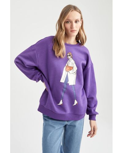 Defacto Bedrucktes sweatshirt mit rundhalsausschnitt in übergröße - Lila