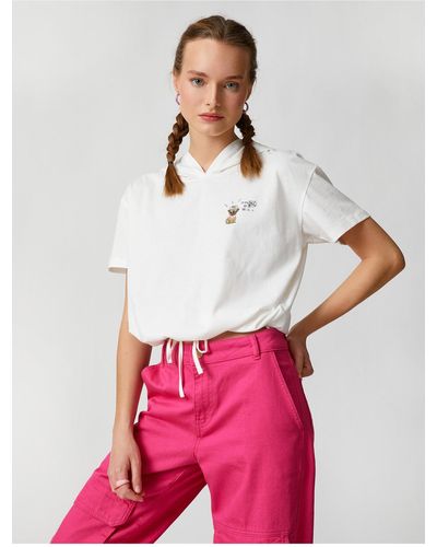 Koton Crop t-shirt mit kapuze, bedruckt, kurze ärmel, gebundene taille - Mehrfarbig