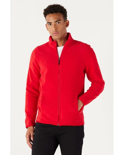 AC&Co / Altınyıldız Classics E anti-pilling-fleecejacke – stehender bato-kragen, nicht-pillen, sweatshirt mit standard-passform - Rot