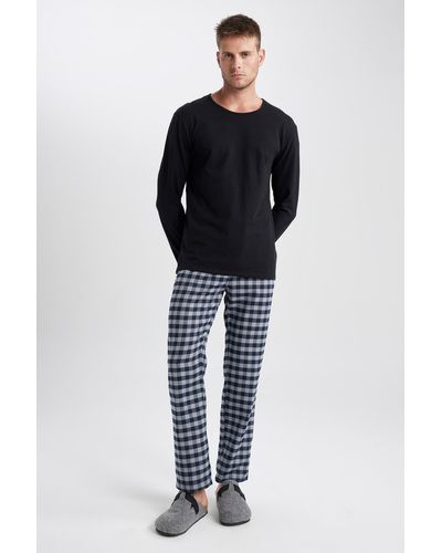 Defacto Lange flanell-pyjamahose mit normaler passform und taschen - Blau