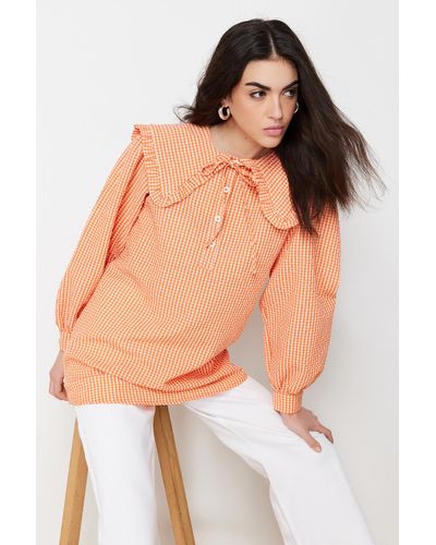 Trendyol Farbene gewebte tunika mit babykragen und gingham-muster - Orange