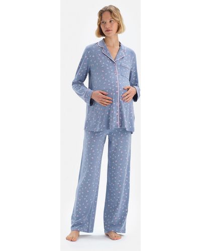 Dagi Es pyjama-set mit hemdkragen und blumenmuster - Blau