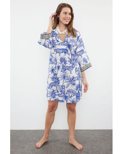 Trendyol Midi-strandkleid mit tropen-print und weiter passform 100 % baumwolle - Blau